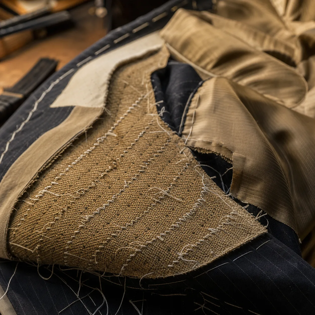 The open interior of a jacket in progress showing the hand-padded canvas chest piece and basting stitches, laid across a work table under warm light.