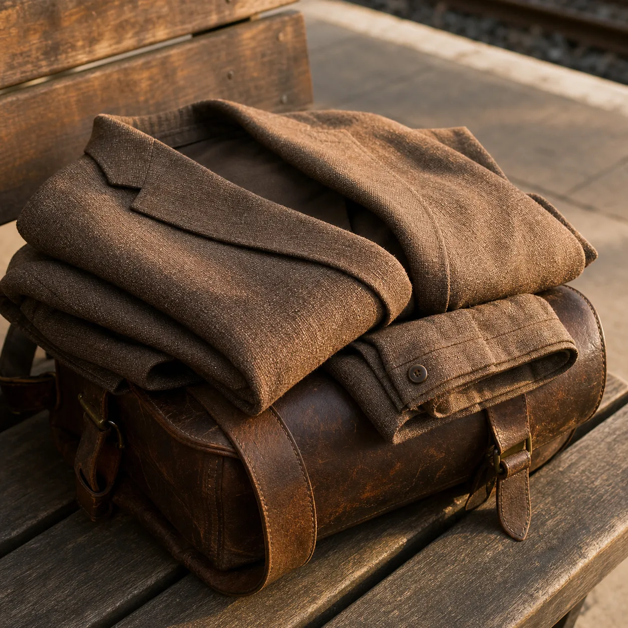A mid-brown travel suit folded neatly over a leather satchel on a train-platform bench, morning light raking across the open weave of the cloth.