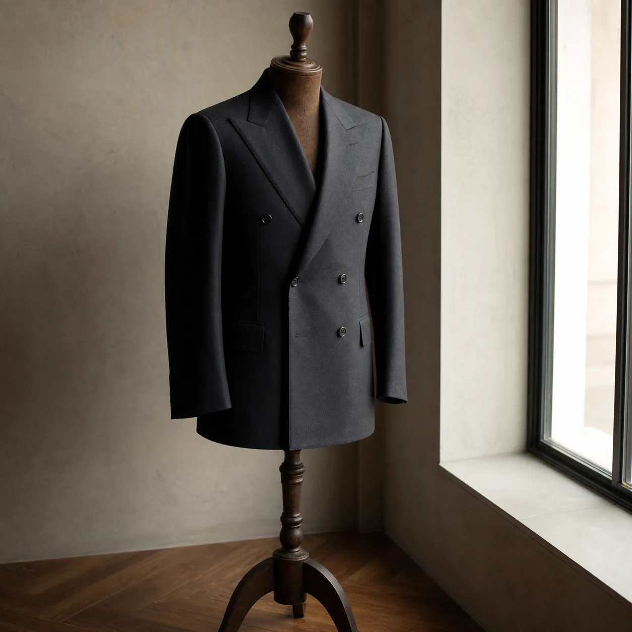 A deep charcoal double-breasted suit on a wooden tailor's form beside a tall window, structured peak lapels catching soft daylight.