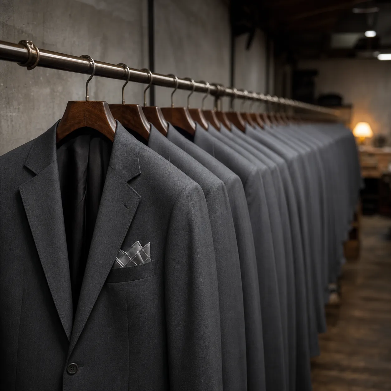 A rail of matching slate-grey team suits hanging in even rows in a workroom, each with an identical folded pocket square.