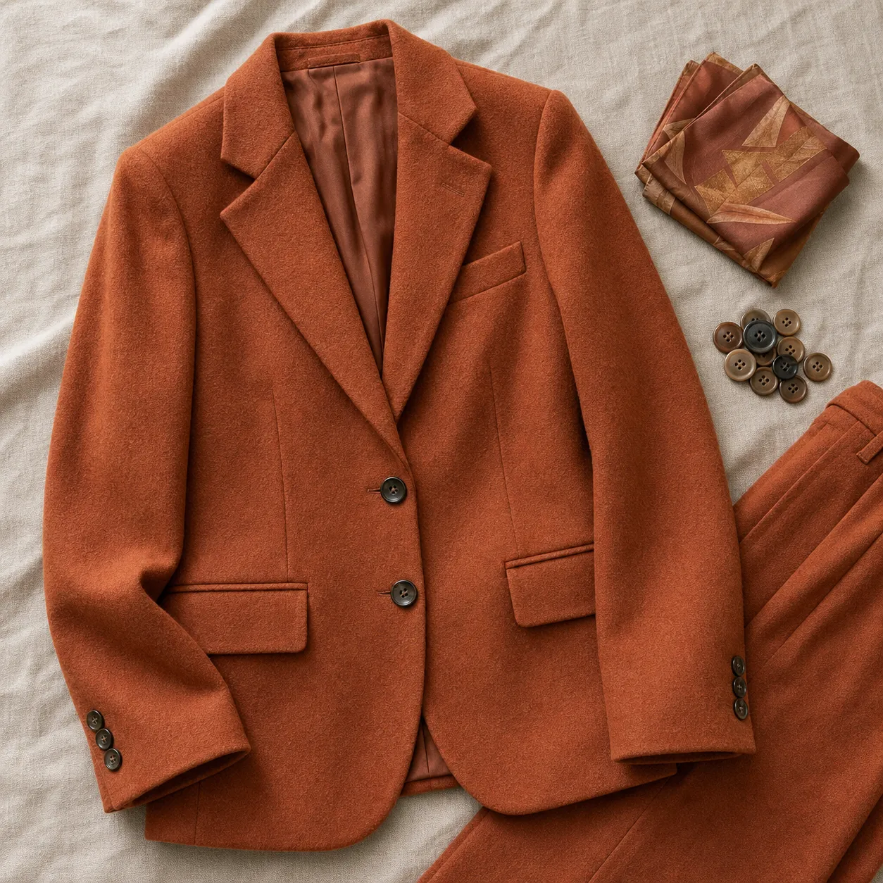 A tailored women's blazer in warm terracotta wool laid flat on a linen surface beside a matching trouser and horn buttons.