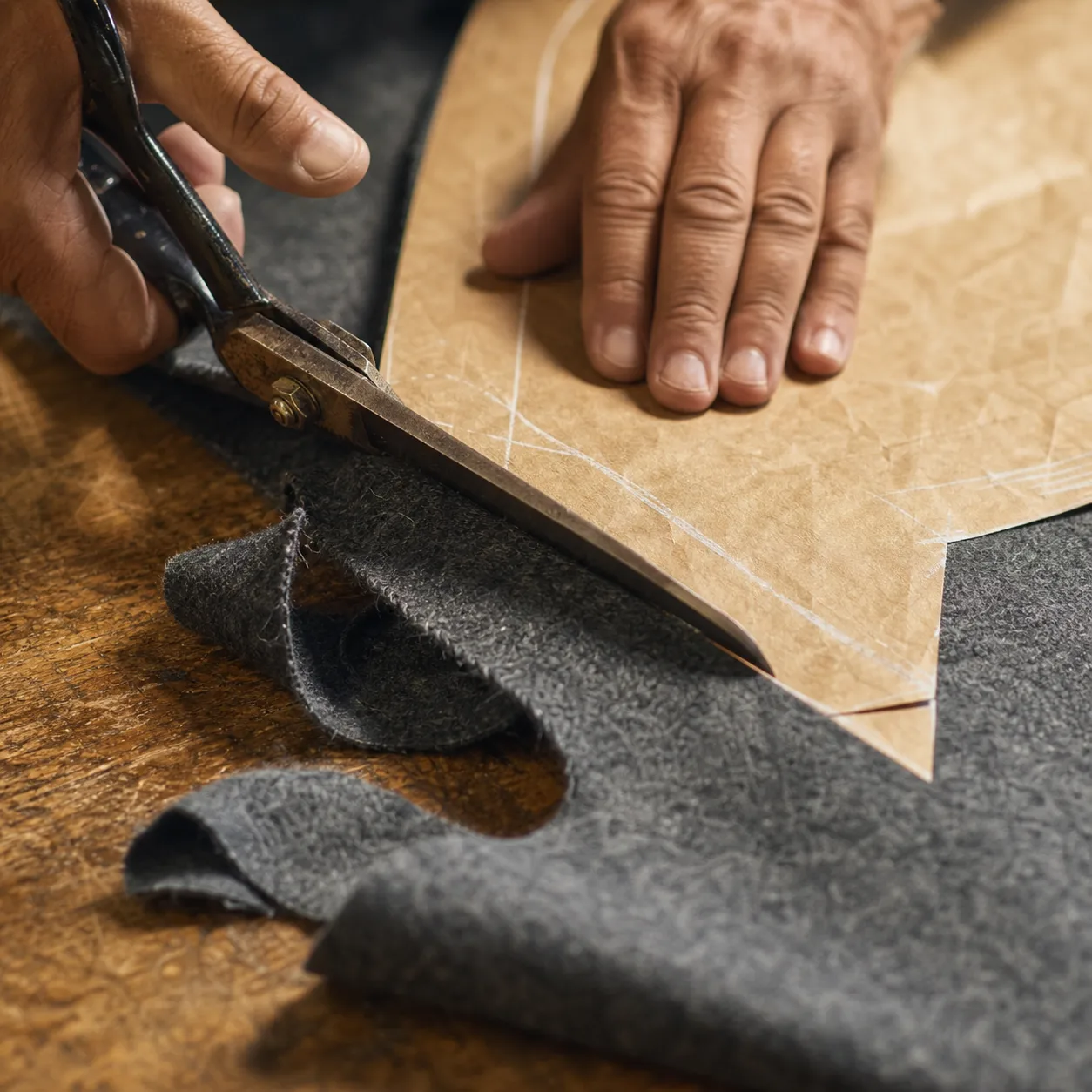 Hands guiding tailor's shears through grey wool along a chalk-marked paper pattern on an oak bench, offcuts curling away.