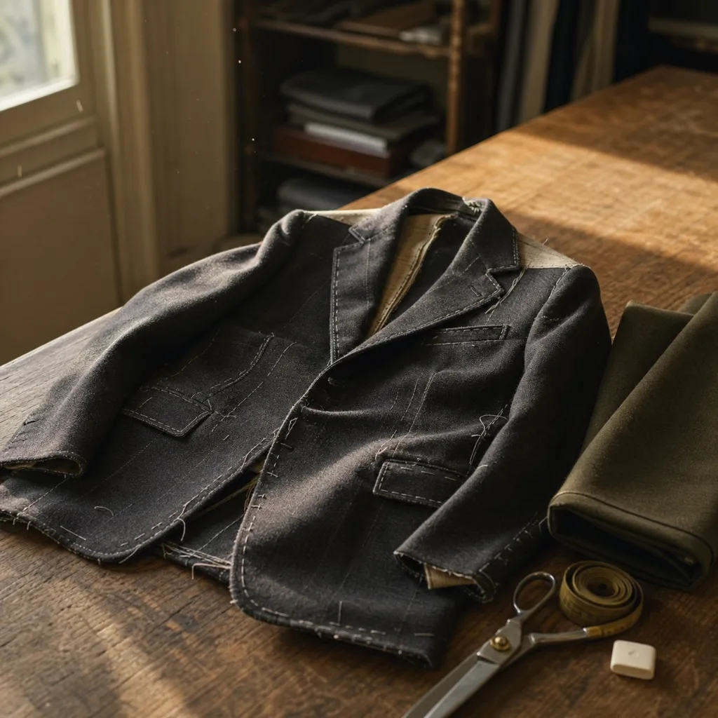 A half-finished tailored jacket resting on a wooden cutting table beside chalk, shears and a folded length of olive wool cloth in a bright atelier.