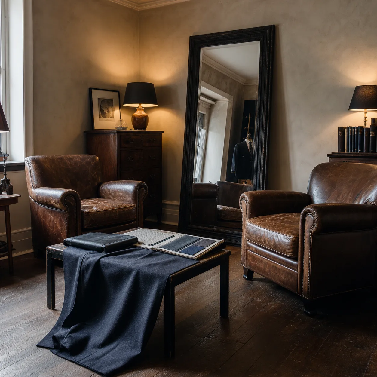 The Glint Velux consultation room — a pair of leather chairs beside a full-length mirror, a cloth-draped table and warm lamplight on stone-coloured walls.